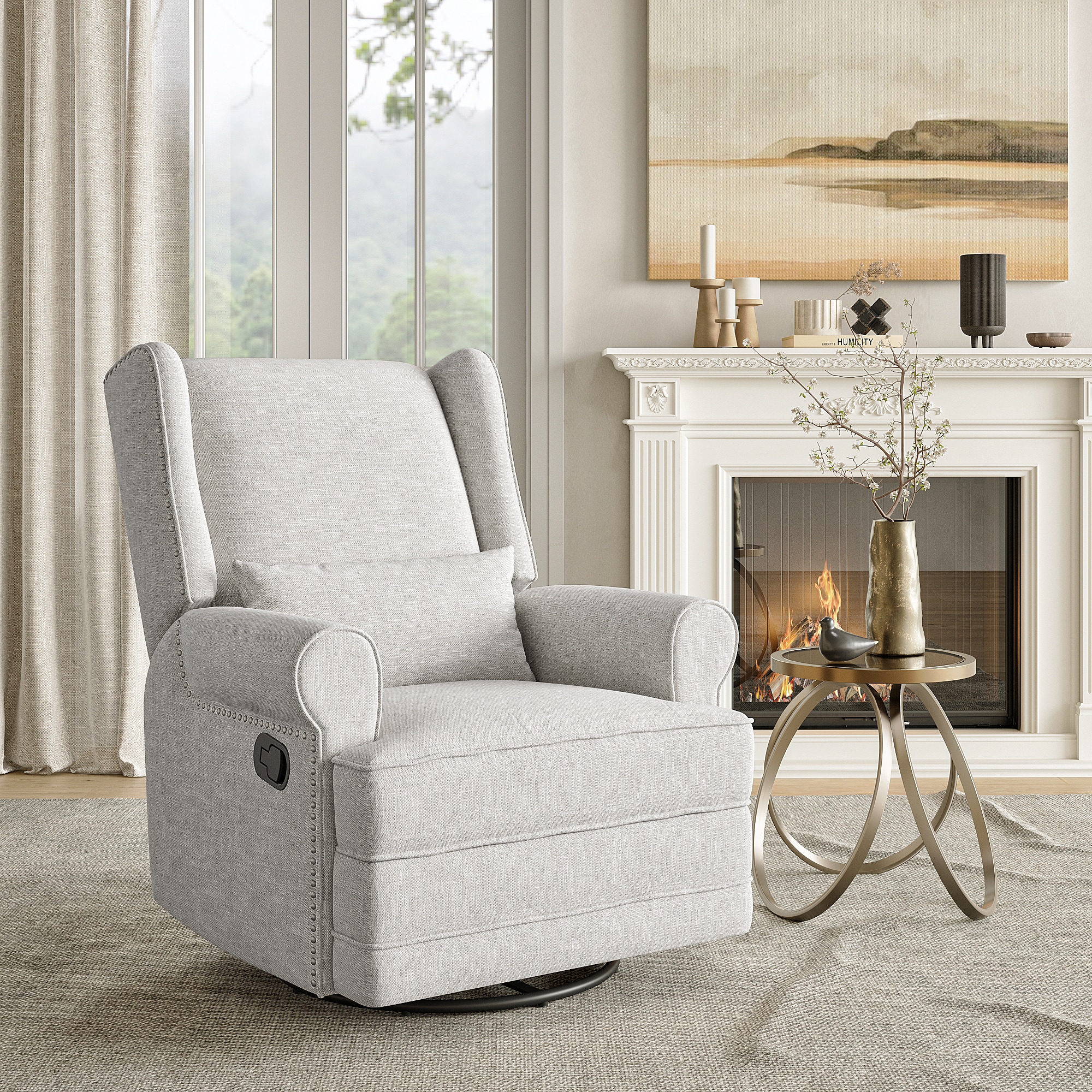 Swivel Recliner Chair, Comfy Glider Rocking Chairs With Lumbar Pillow And Footrest, Upholstered Swivel Rocking Chair For Bedroom,Nursery,Light Gray_voghion.com